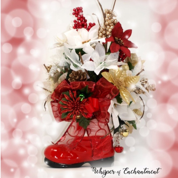 Holiday Vintage Santa Boot Floral Arrangement Centerpiece, Poinsettia Flowers - Picture 1 of 10